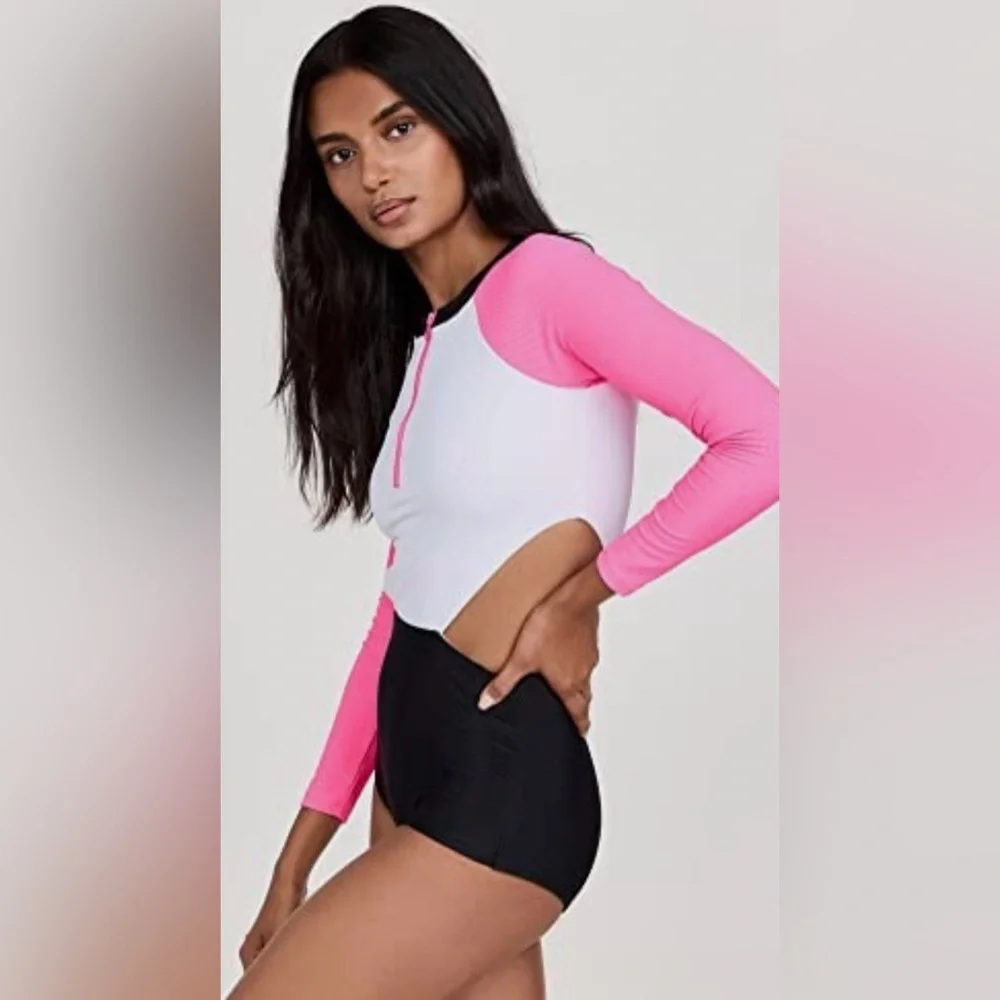 Beach Riot NWOT Women's‎ Pink/Black Bethany Rash Guard Long Sleeve Swimsuit Sz S - Picture 3 of 9